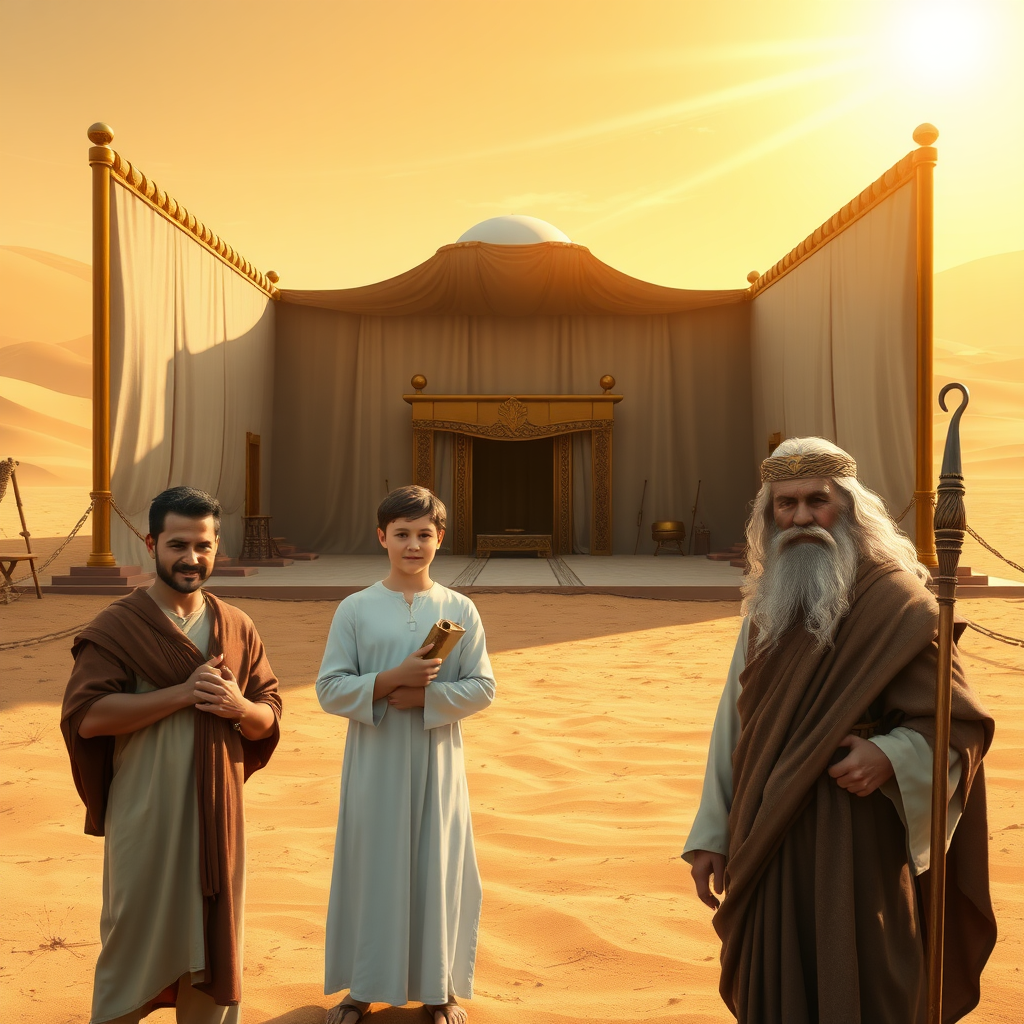 A highly realistic depiction of the sanctuary described in the Book of Exodus, set in a vast desert under a warm, golden sunlight. The sanctuary (Tabernacle) features a rectangular courtyard enclosed by fine linen curtains supported by bronze pillars, with a large, ornate entrance curtain. Inside the courtyard, include the bronze altar for burnt offerings and the laver for washing. The Tabernacle itself, located at the center, is a portable structure with rich coverings made of fine linen and animal skins, adorned with gold, silver, and bronze details. In the foreground, depict the biblical figures Daniel, Isaac, and Abraham standing reverently, facing directly toward the viewer with calm, serene, and slightly joyful expressions. Daniel holds a scroll, Isaac appears youthful and peaceful, and Abraham, with a flowing beard and staff, exudes wisdom and warmth. The background showcases the sanctuary and a barren, sandy desert landscape, creating a tranquil and spiritually uplifting scene.