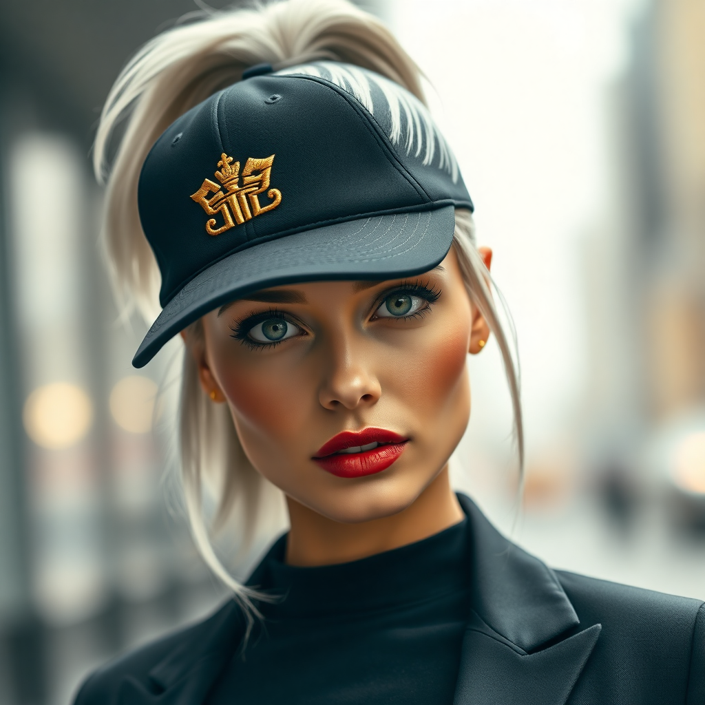 "A modern and stylish promotional portrait featuring a confident woman with silver hair in a high ponytail, mesmerizing green eyes, and full red lips wearing a sleek black cap with a 3D embroidered logo in gold. The cap fits perfectly, enhancing her sharp and sophisticated look. The background is a blurred urban setting, suggesting a lifestyle of success, movement, and ambition. The image has a high-fashion yet approachable feel, emphasizing brand exclusivity and personal empowerment."