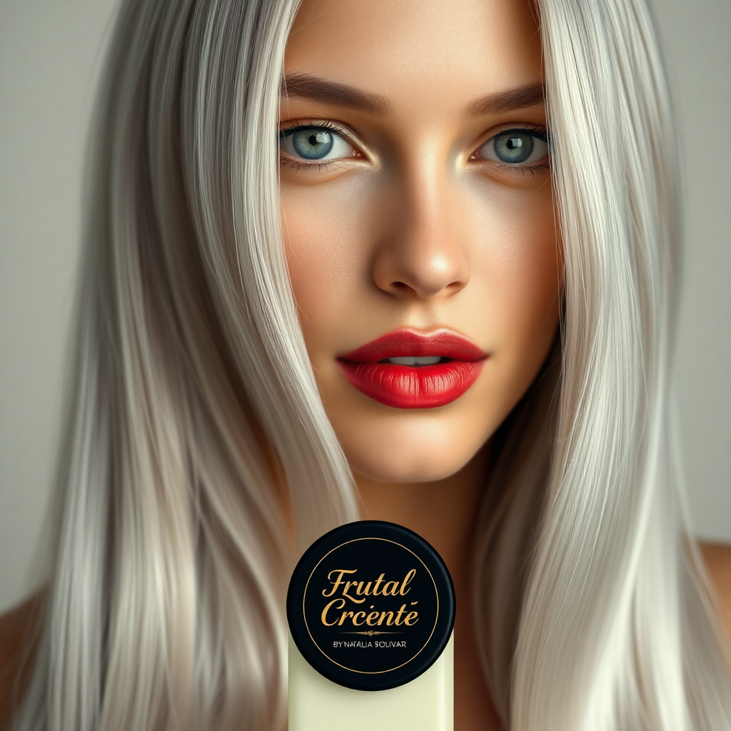 "Hyperrealistic portrait of a beautiful woman with long, silver hair that looks silky and soft. Her striking green eyes convey confidence and elegance, while her full, red lips add a touch of sophistication. The background is minimalist with neutral tones and soft lighting that enhances her radiant hair. At the bottom, a bottle of conditioner with a black round lid with gold details with the letters "Frutal Creciente By Natalia Bolivar" stands out as the main product. The composition is balanced, presenting an elegant and modern design that evokes luxury and exclusivity."