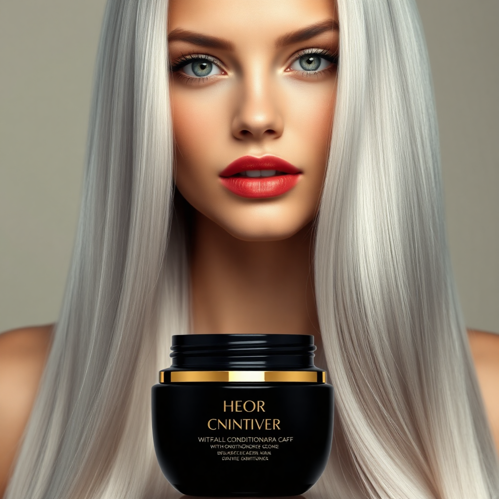 "Hyperrealistic portrait of a beautiful woman with long, silver, shiny hair, reflecting softness and silkiness. Her piercing green eyes convey confidence and elegance, while her full red lips add a touch of sophistication. The background is minimalist with neutral tones and soft lighting that highlights her radiant hair. At the bottom, a black, cylindrical, elongated conditioner bottle, with gold details and a screw cap on the top of the jar's mouth, standing out as the star product. The composition is balanced, with an elegant and modern design that evokes luxury and exclusivity."