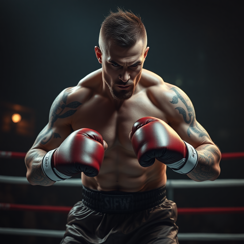 : Create a hyper-realistic, cinematic image of a [boxer man] with the physique of a strong, muscular human, boxing. The [man] should have its natural head and features but with a powerful, human-like body covered in tattoos, wearing boxing shorts and globes, with a fierce and intense expression. Set the scene on a boxing court with a dark, intense atmosphere, adding dramatic lighting that highlights the man's muscular build and intimidating presence