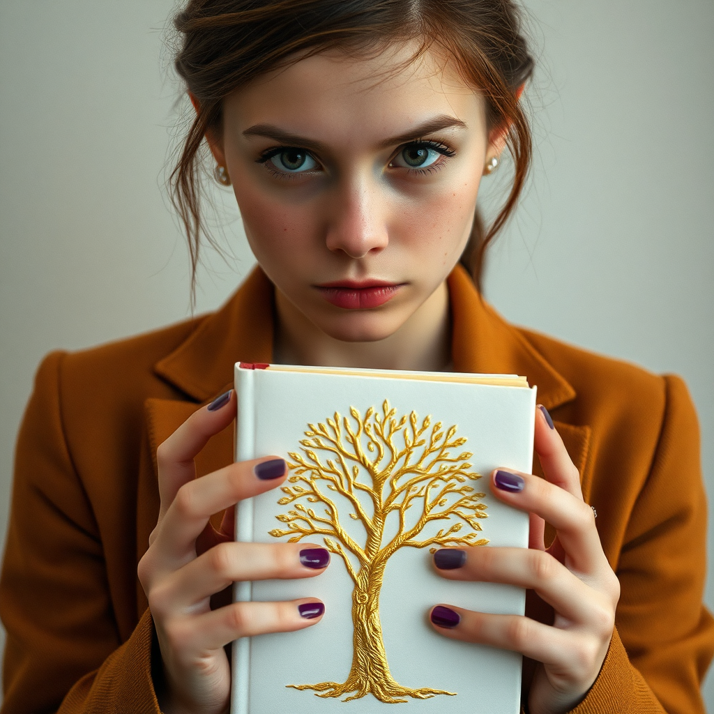 Imagine a 21-year-old girl, with pale skin and a round face, adorned with small freckles that give her a fresh and youthful air. Her eyes, black as night, reflect curiosity and depth. She wears a blazer in a warm earthy color that highlights her figure. In her hands she holds a white book, which stands out for a beautiful tree carved in gold on its cover, 