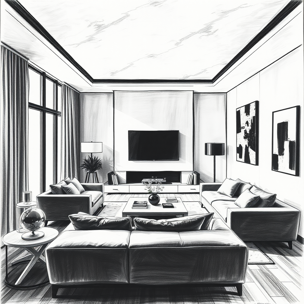 {a interior view of a minimalist and modern living room},charcoal drawing style,dramatic contrast,expressive strokes,rich textures,dynamic composition,professional-grade finish,classic aesthetic