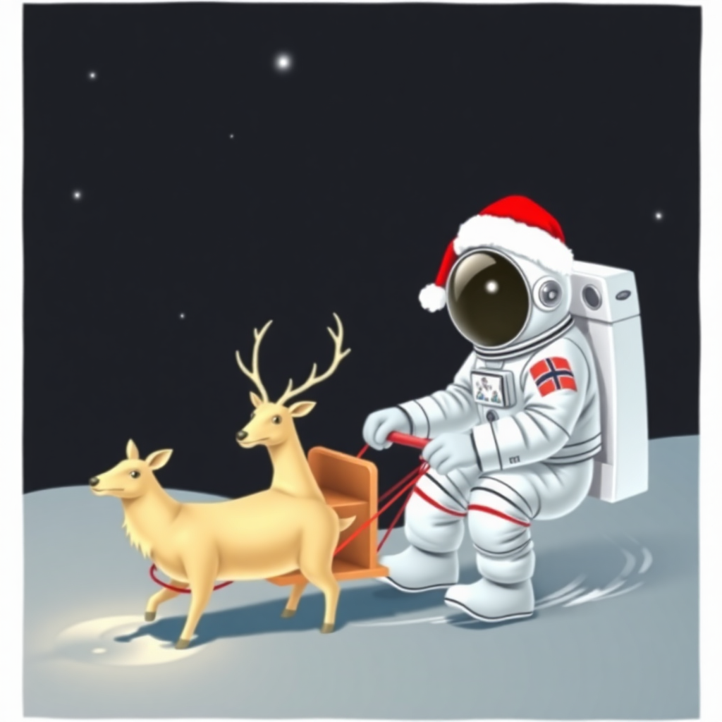 Astronaut wearing a Santa Claus hat pulling a deer car