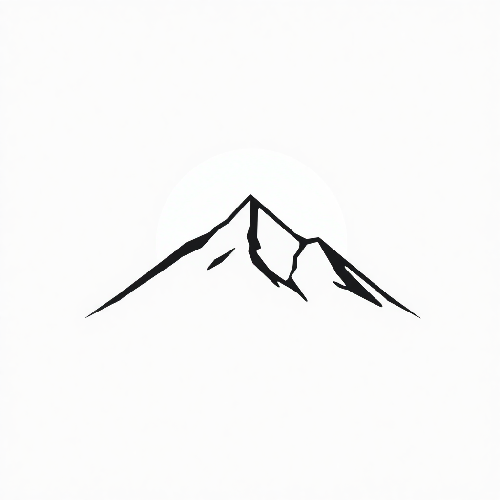 A single bold mountain outline with clean, sharp edges, featuring a minimalist rising sun in the background, centered in a circular frame, monochromatic vector style