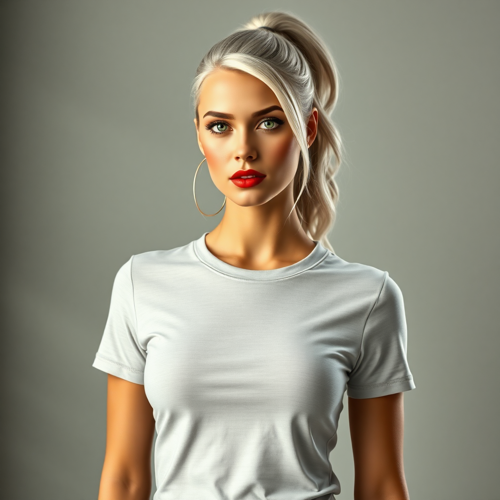 "A photorealistic fashion shot of a striking woman with silver hair in a ponytail, captivating green eyes, and full red lips wearing a fitted, high-quality branded T-shirt. The shirt has a minimalist yet bold logo design, blending style and branding seamlessly. She stands against a modern, textured backdrop with soft directional lighting, highlighting the contours of her figure and the premium fabric texture. The image radiates confidence, sophistication, and the power of personal branding in everyday fashion."