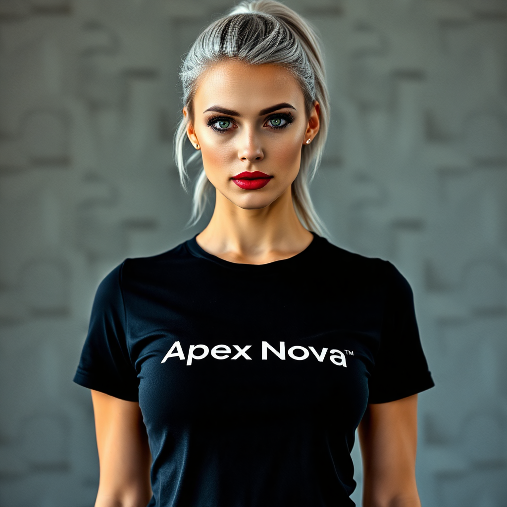 "A photorealistic fashion photograph of a striking woman with silver hair pulled back in a ponytail, captivating green eyes, and full, red lips wearing a fitted, high-quality branded t-shirt. The t-shirt features a minimalist yet bold “Apex Nova” logo design, blending style and branding seamlessly. She is standing in front of a modern, textured background with soft directional lighting highlighting the contours of her figure and the texture of the premium fabric. The image exudes confidence, sophistication, and the power of personal branding in everyday fashion."