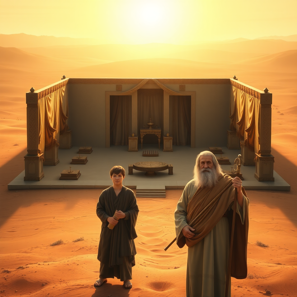 A highly realistic depiction of the sanctuary described in the Book of Exodus, set in a vast desert under a warm, golden sunlight. The sanctuary (Tabernacle) features a rectangular courtyard enclosed by fine linen curtains supported by bronze pillars, with a large, ornate entrance curtain. Inside the courtyard, include the bronze altar for burnt offerings and the laver for washing. The Tabernacle itself, located at the center, is a portable structure with rich coverings made of fine linen and animal skins, adorned with gold, silver, and bronze details. In the foreground, depict the biblical figures Daniel, Isaac, and Abraham standing reverently, facing directly toward the viewer with calm, serene, and slightly joyful expressions. Daniel holds a scroll, Isaac appears youthful and peaceful, and Abraham, with a flowing beard and staff, exudes wisdom and warmth. The background showcases the sanctuary and a barren, sandy desert landscape, creating a tranquil and spiritually uplifting scene.