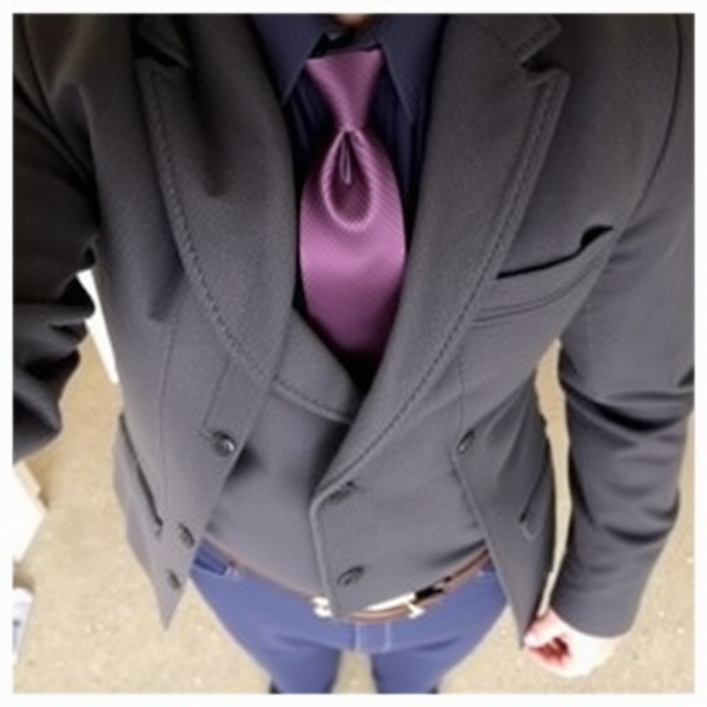 A person wearing dark navy blue pants, a navy blue shirt, a dark gray cowboy jacket, a dark purple tie with a simple black trim, black shoes, and a belt. The jacket is not formal, but cowboy.