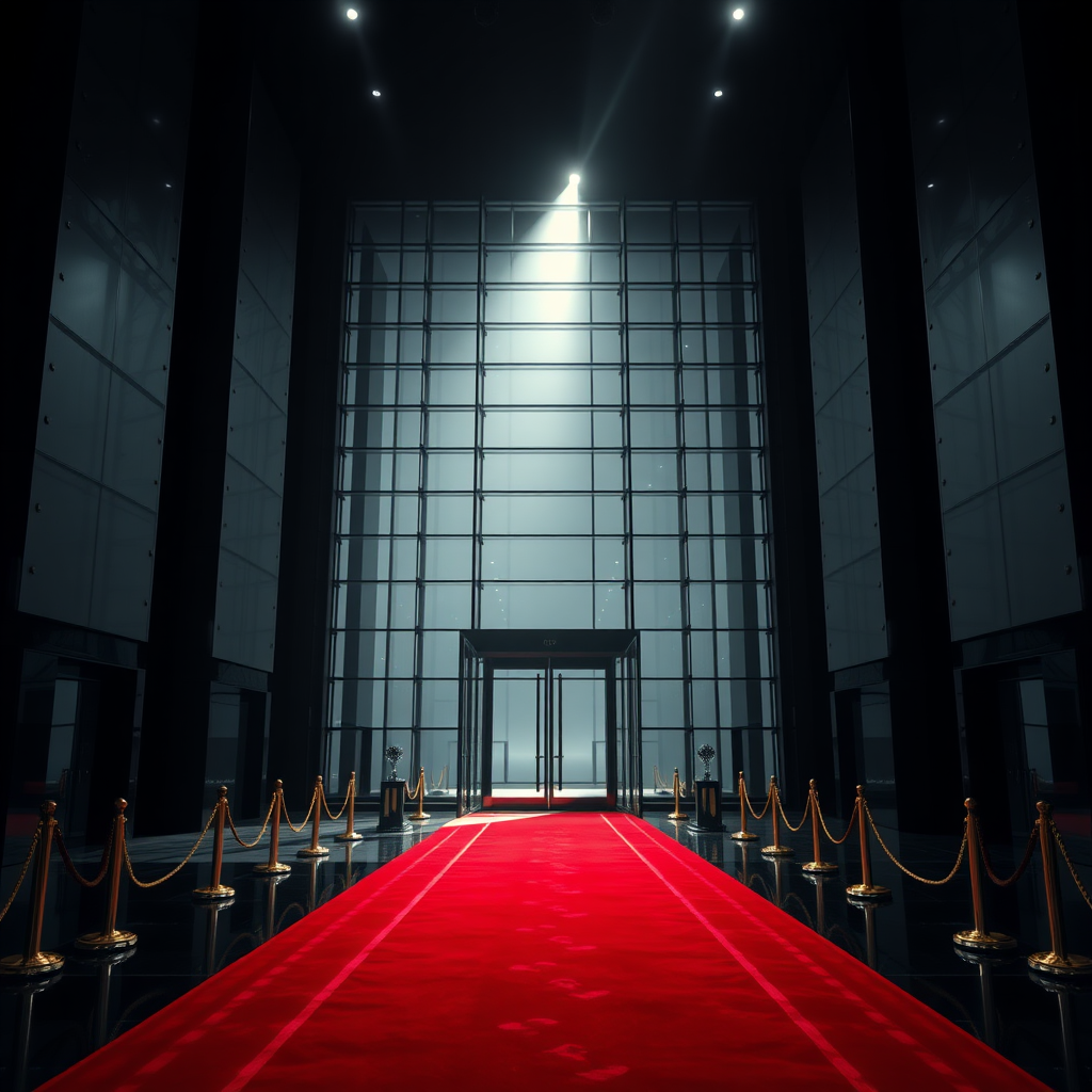 UHD, 4K, {large majestic glass entrance to modern futuristic building, large windows to the floor, (isolated in a large black empty space1:2), beam of light coming through a lateral illuminates the large stately portico, Red carpet flanked with golden cord and pedestals}, dramatic lighting, high contrast, 35mm, lateral upper perspective view, professional, epic, highly detailed