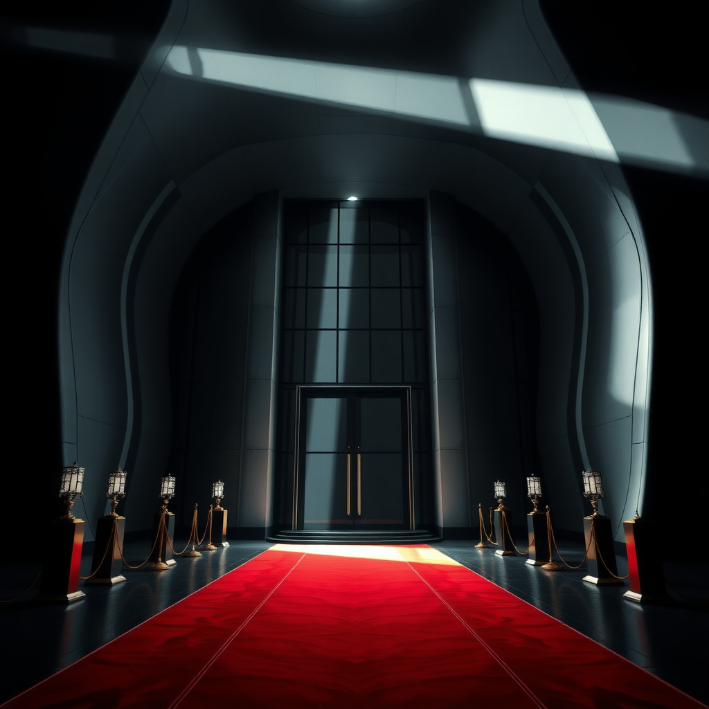 UHD, 4K, {large majestic entrance to a modern, organic (futuristic building), large windows to the floor, (isolated in a large black empty space1:2), beam of light coming through a lateral illuminates the large stately portico, Red carpet flanked with golden cord and pedestals}, dramatic lighting, high contrast, 35mm, lateral upper perspective view, professional, epic, highly detailed