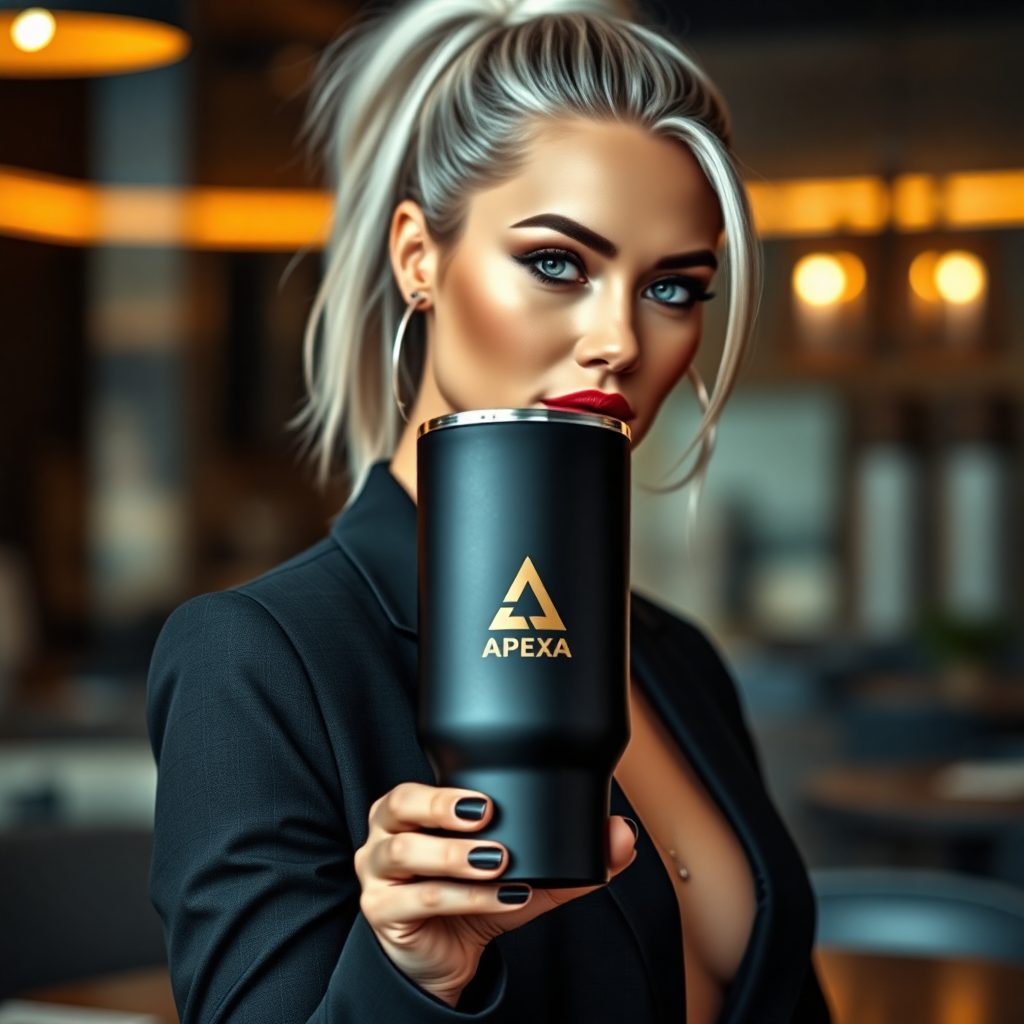 "A striking, high-end promotional scene featuring a sleek matte black tumbler with an embossed logo, gracefully held by a stunning woman with silver hair tied in a high ponytail, piercing green eyes, and full, red lips. She is wearing a sleek black blazer and exudes confidence and sophistication. The tumbler features a premium, minimalist design with a gold-accented “Apex Nova” logo. The background is softly blurred, evoking a luxurious, modern coffee shop atmosphere with warm ambient lighting."