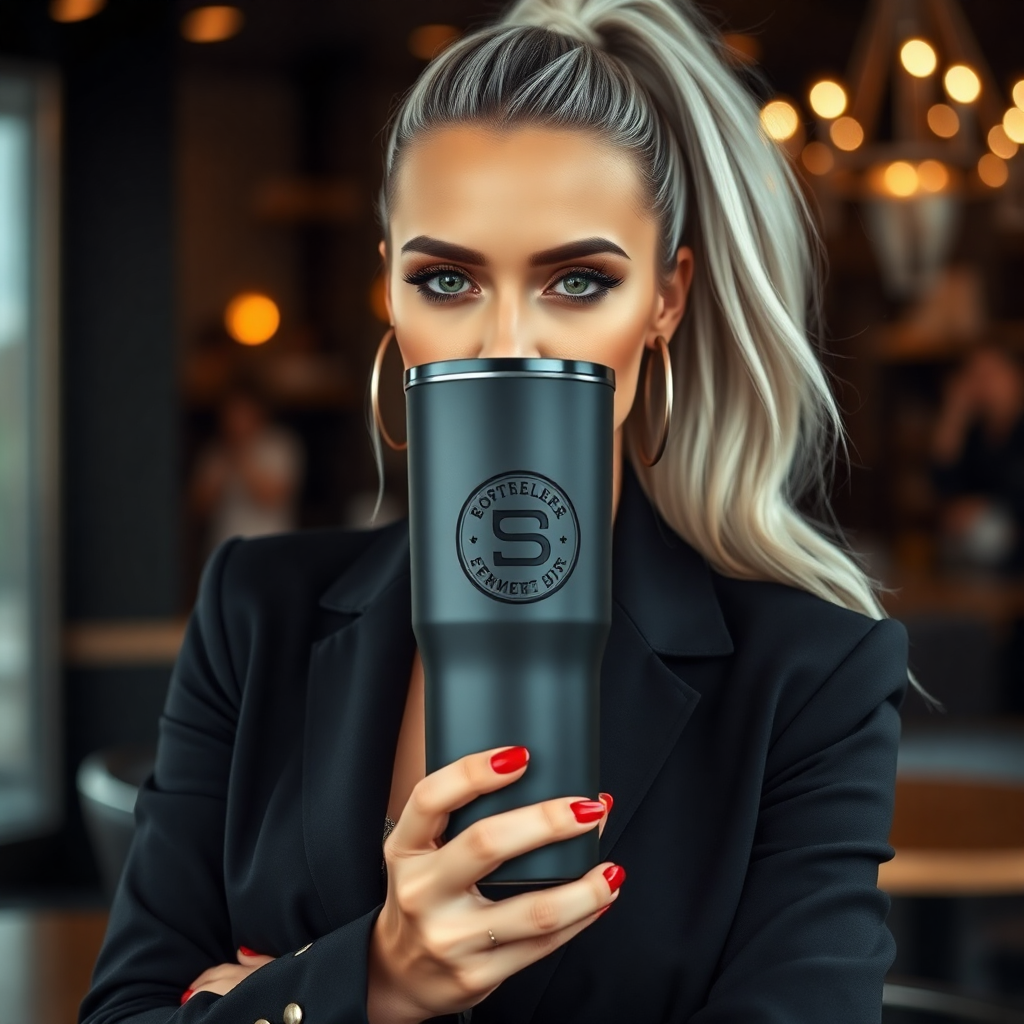 "A stunning, high-end promotional scene featuring a sleek, matte black tumbler with an elegant embossed logo, held gracefully by a breathtaking woman with silver hair tied in a high ponytail, piercing green eyes, and full red lips. She is wearing a stylish black blazer, exuding confidence and sophistication. The tumbler has a premium minimalist design with a gold-accented logo. The background is softly blurred, evoking a luxurious, modern café setting with warm ambient lighting."