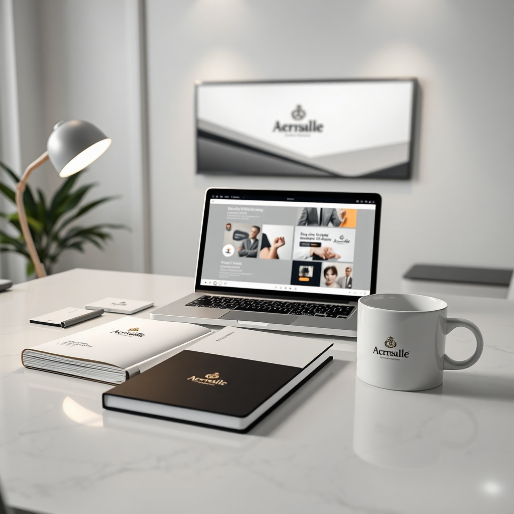 "Create a high-resolution, hyper-realistic branding mockup showcasing a personal brand identity across multiple formats. The scene features an elegant workspace with a minimalist, modern aesthetic, soft ambient lighting, and a sleek color palette. Display a cohesive brand identity on various professional materials, including business cards, a premium notebook, a laptop screen displaying a personal website, a stylish coffee cup with the logo, and a billboard mockup in the background. The branding elements should reflect luxury, sophistication, and creativity, incorporating refined typography and an elegant logo design. The overall composition should evoke professionalism, innovation, and exclusivity. Ensure photorealistic textures, perfect lighting, and a cinematic touch to enhance the visual impact."