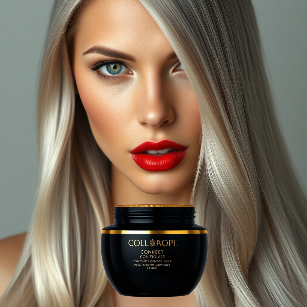 "Hyperrealistic portrait of a beautiful woman with long, silver, shiny hair, reflecting softness and silkiness. Her piercing green eyes convey confidence and elegance, while her full red lips add a touch of sophistication. The background is minimalist with neutral tones and soft lighting that highlights her radiant hair. At the bottom, a black, round and elongated conditioner bottle, with gold details and a screw cap on the top of the jar's mouth, standing out as the star product. The composition is balanced, with an elegant and modern design that evokes luxury and exclusivity."