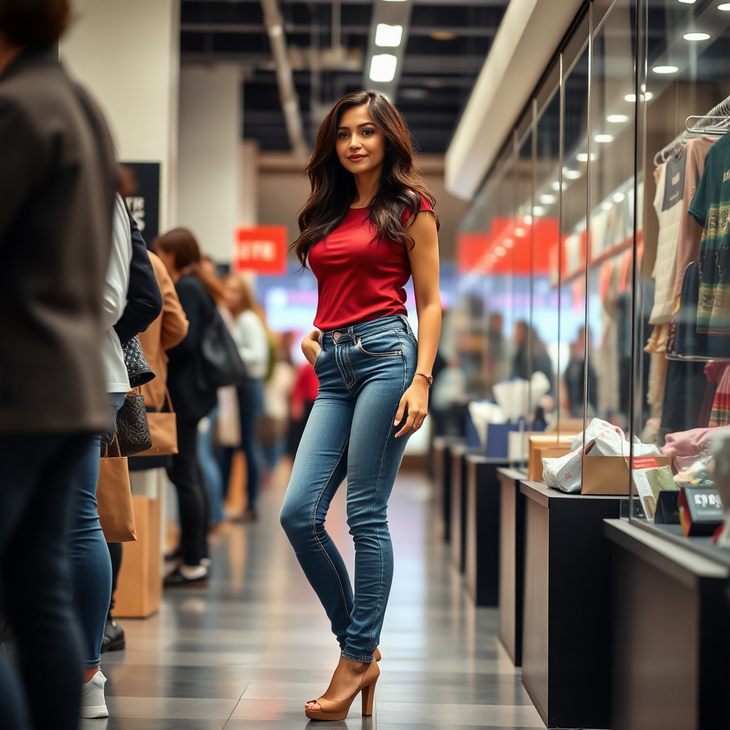 tall confident dark hair woman, wearing high waisted jeans, wedge heels, queuing in shop