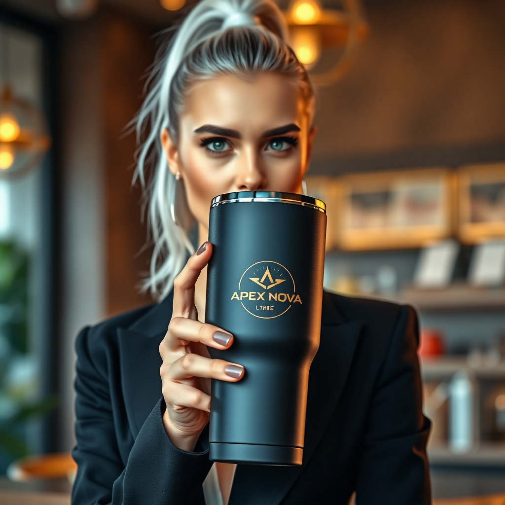 "A striking, high-end promotional scene featuring a sleek matte black tumbler with an embossed logo, gracefully held by a stunning woman with silver hair tied in a high ponytail, piercing green eyes, and full, red lips. She is wearing a sleek black blazer and exudes confidence and sophistication. The tumbler features a premium, minimalist design with a gold-accented “Apex Nova” logo. The background is softly blurred, evoking a luxurious, modern coffee shop atmosphere with warm ambient lighting."