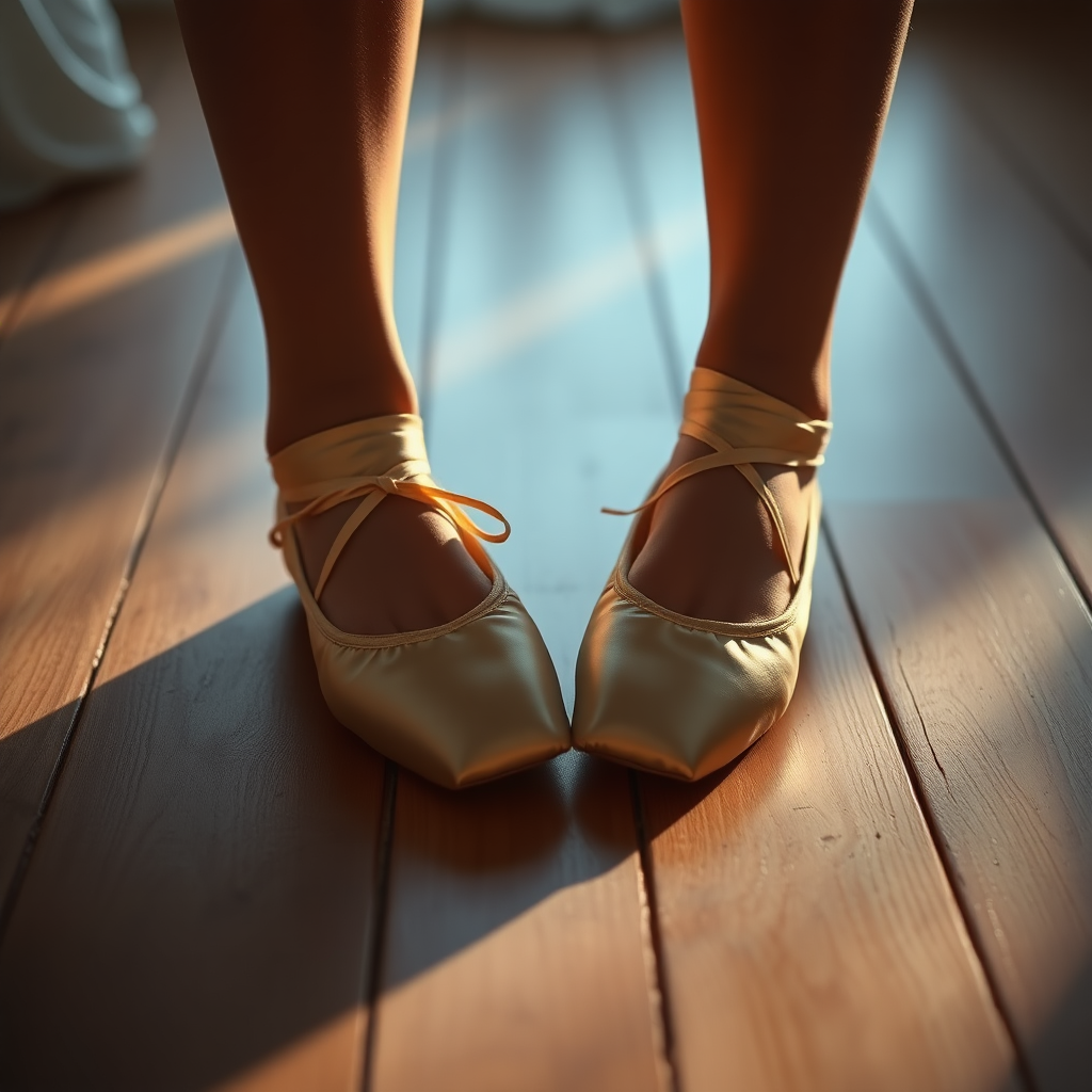 UHD, 4k, ultra detailed, cinematic, {a fashion photograph of a close-up view of two 5-fingered hands delicately tying ballet slippers on a floor made of new beech wood planks, (twilight rays)}, epic, beautiful lighting, inspiring,