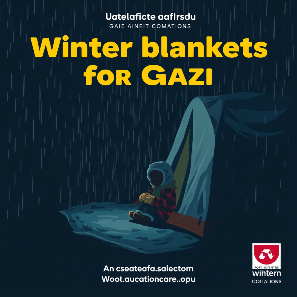 A design for a donation campaign for winter blankets for Gaza in which a child feels cold sitting at the door of the tent and rain and darkness surround him. The background must be dark and the scene of the child and the tent is on the side of the design. The image must be realistic.