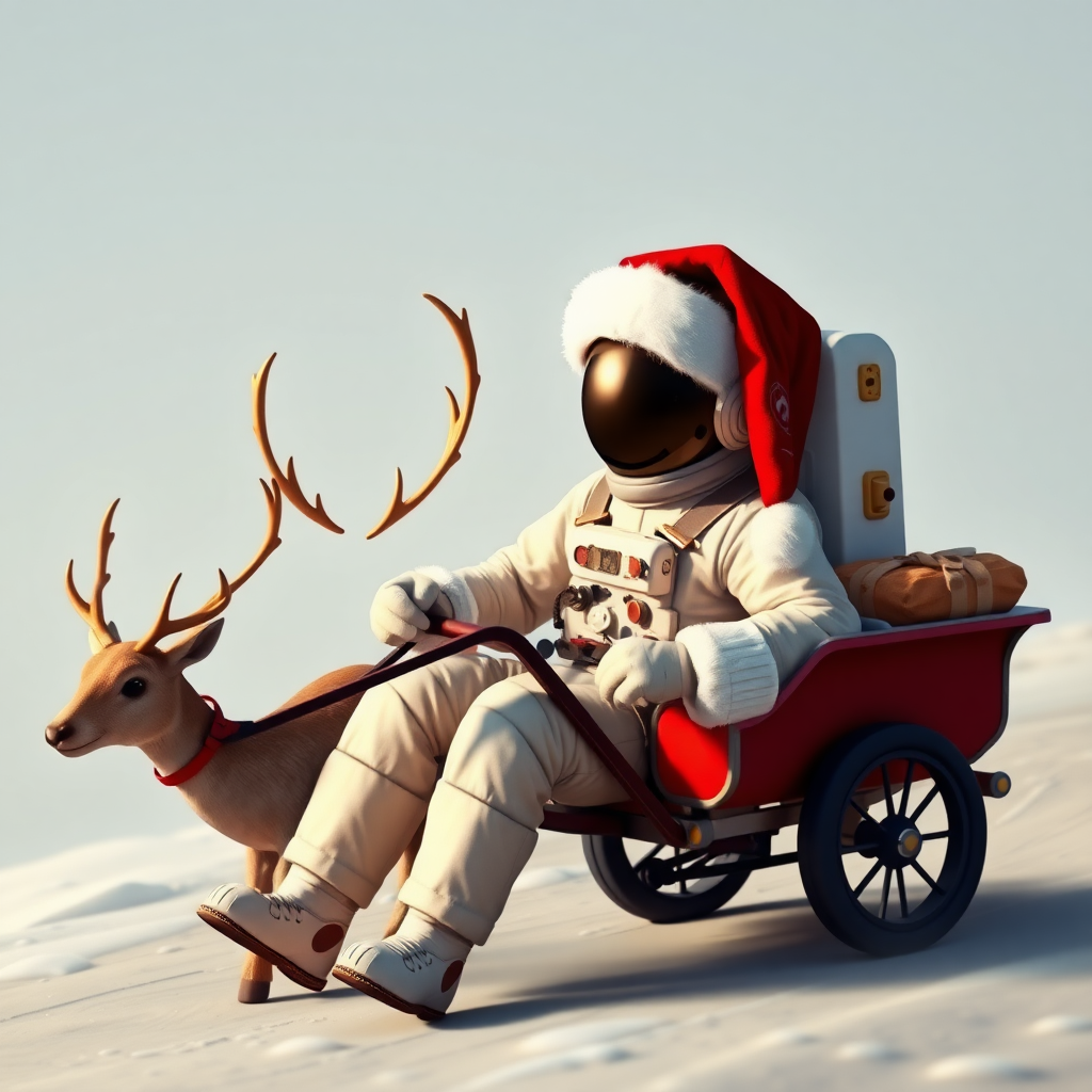 Astronaut wearing a Santa Claus hat pulling a deer car