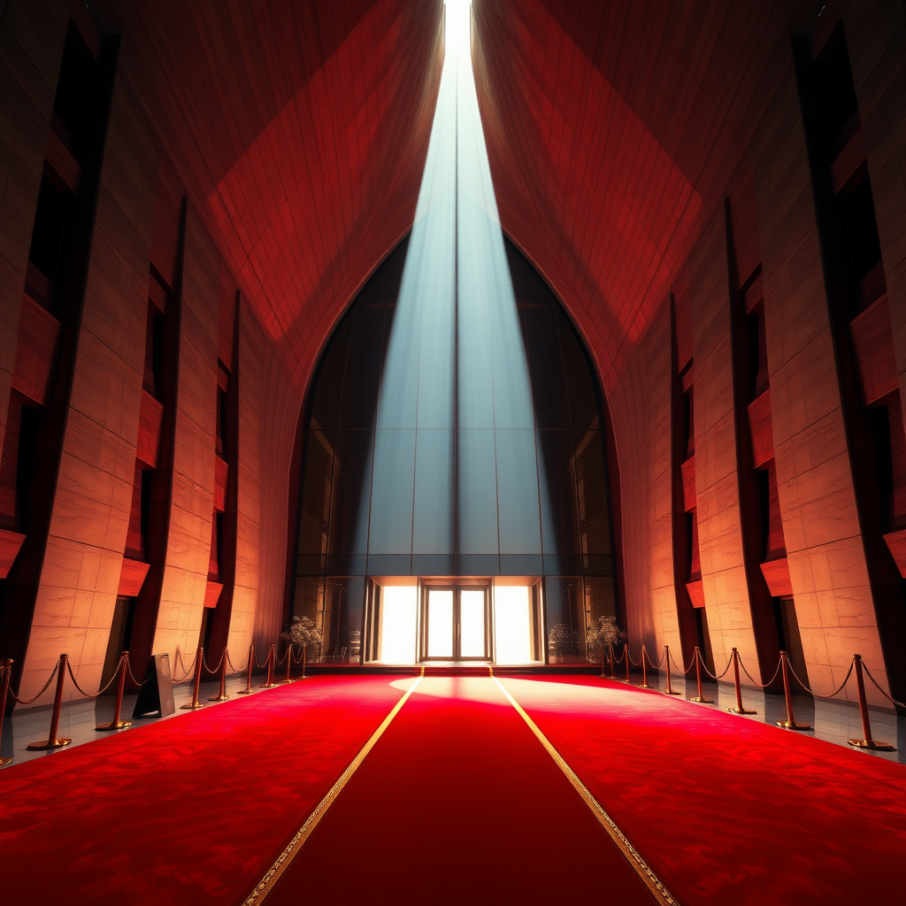 UHD, 4K, (Pritzker Prize:1.5), Zaha Hadid, {large majestic entrance to a modern and organic futuristic building, beam of light coming through a lateral illuminates the large stately portico, Red carpet flanked with golden cord and pedestals}, dramatic lighting, high contrast, 35mm, lateral upper perspective view, professional, epic, highly detailed