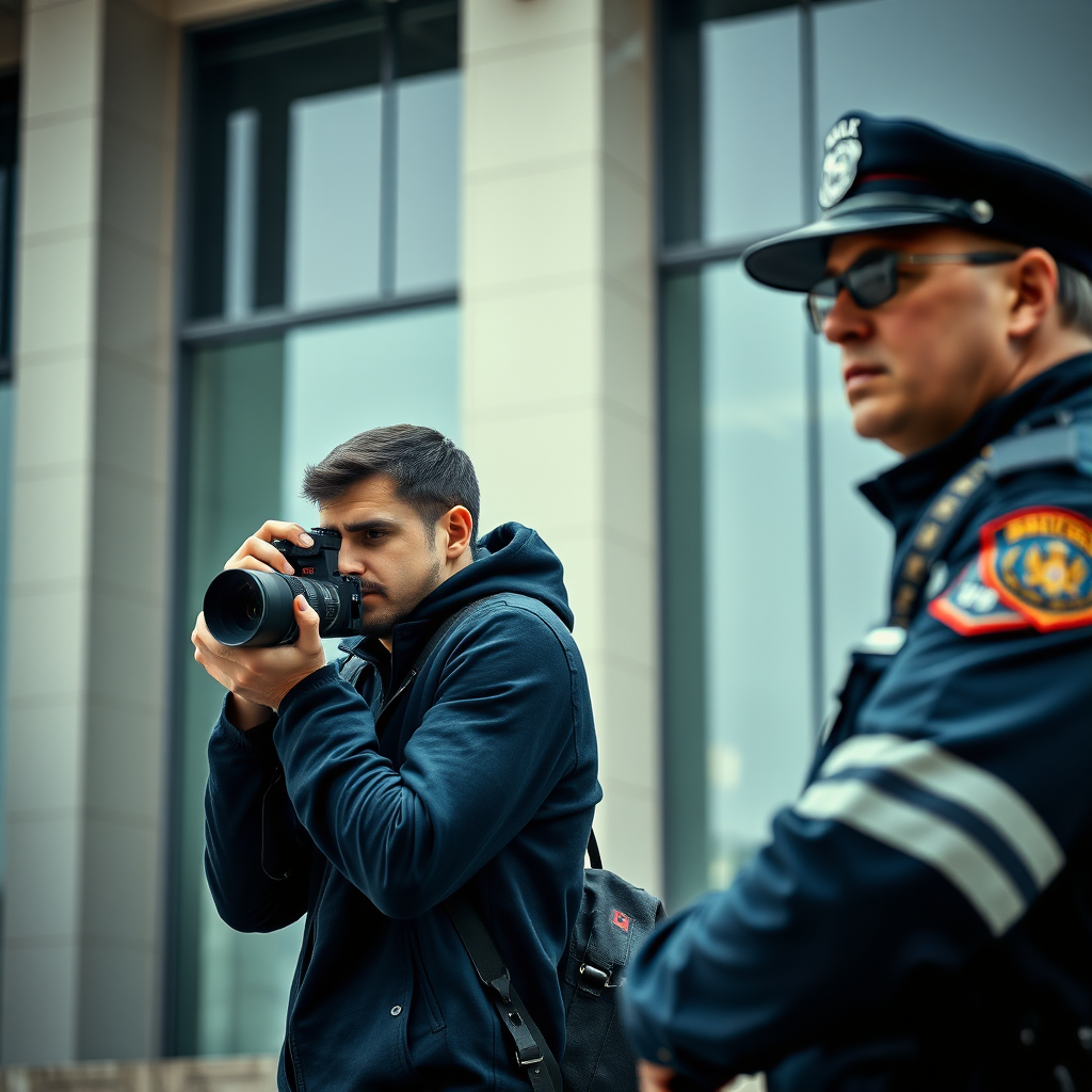 Raw photography 4D, extremely detailed A digitally enhanced still life composition with a strong sense of tension and contrast. Two figures, one a photographer, and the other a security officer or police officer, are depicted in front of a modern building. The photographer, in dark blue, is focused on the activity in the foreground, holding a DSLR camera and looking through the lens. 