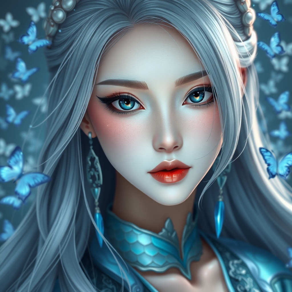 Masterpiece, ultra-detailed, beautiful Asian woman with subtle serpentine features, iridescent blue scales seamlessly blending into fair skin, sharp emerald eyes with delicate vertical pupils, long flowing silver hair, modern hanbok-inspired dress with intricate snake patterns, ethereal blue and silver accessories, soft dreamy lighting with sparkling crystals, delicate blue flowers and butterflies in the background, (Artgerm, WLOP), trending on Artstation