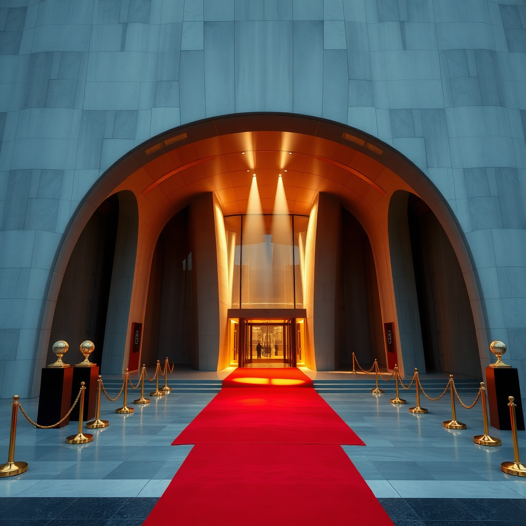 UHD, 4K, (Pritzker Prize:1.5), Zaha Hadid, {large majestic entrance to a modern and organic futuristic building, beam of light coming through a lateral illuminates the large stately portico, Red carpet flanked with golden cord and pedestals}, dramatic lighting, high contrast, 35mm, lateral upper perspective view, professional, epic, highly detailed