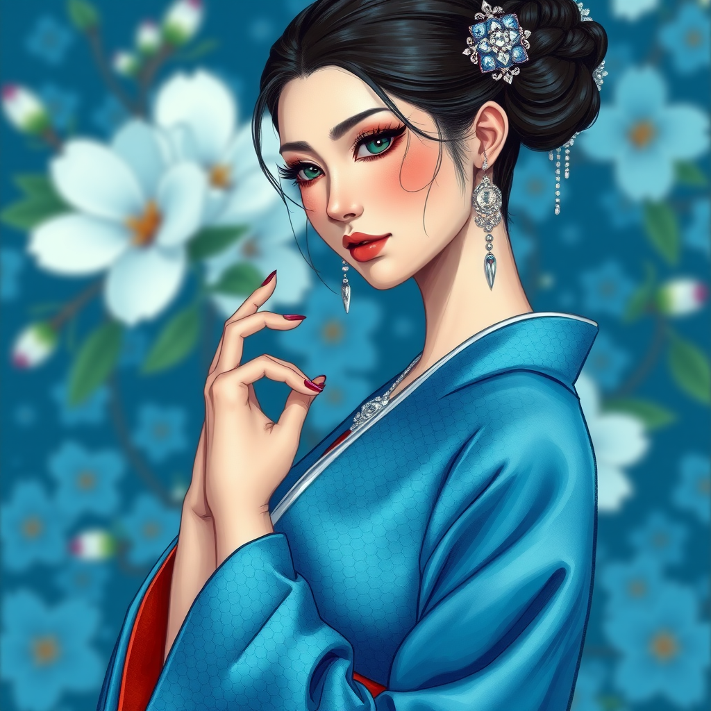 /imagine prompt: elegant Asian woman in blue silk hanbok, iridescent snake scales on fair skin, sharp emerald eyes, silver ornaments, gentle pose, blue flower background --ar 2:3 --niji 5 --style elegant,
bad anatomy, bad proportions, blurry, ugly, deformed, extra limbs, missing limbs, deep fried, bad art, poorly drawn