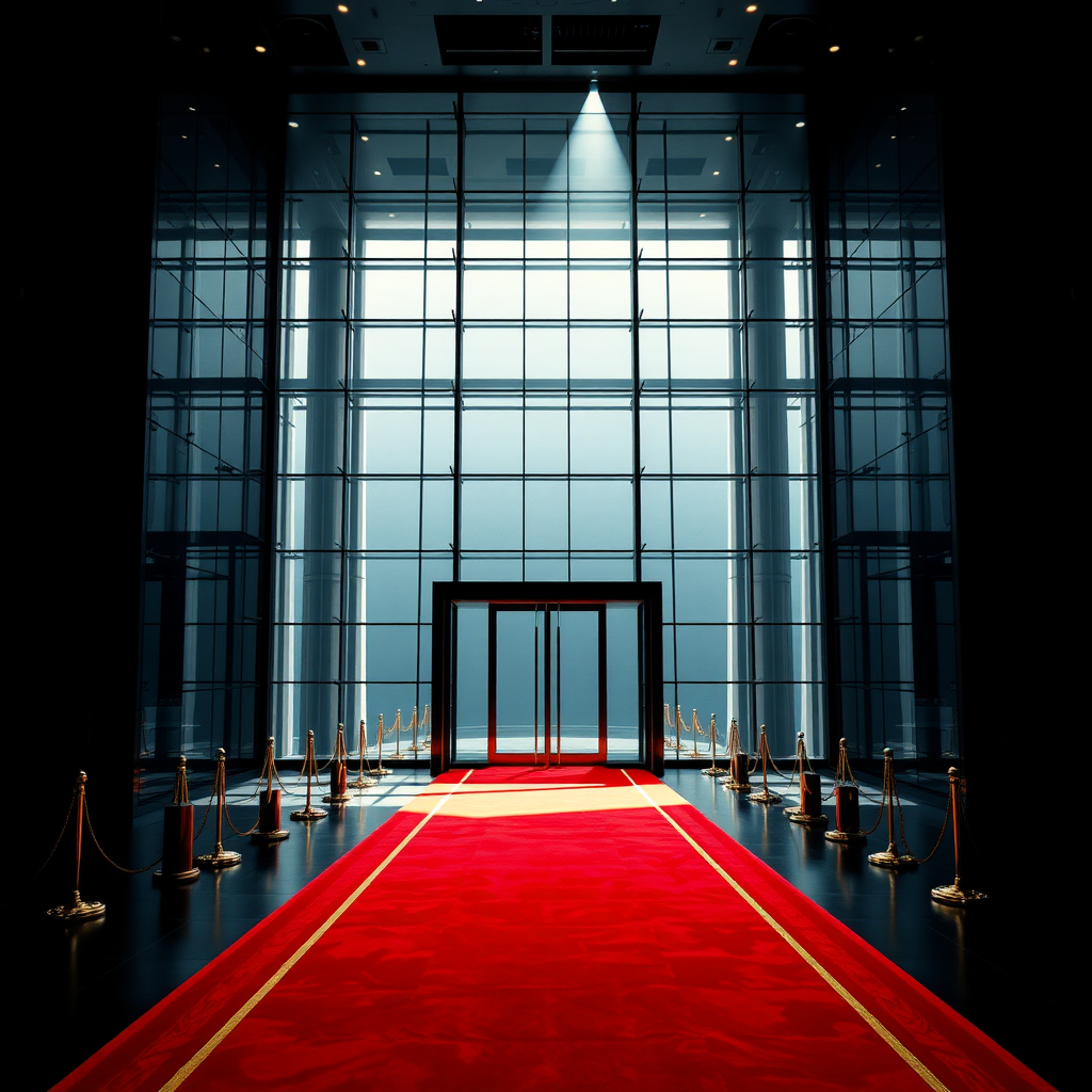 UHD, 4K, {large majestic glass entrance to modern futuristic building, large windows to the floor, (isolated in a large black empty space1:2), beam of light coming through a lateral illuminates the large stately portico, Red carpet flanked with golden cord and pedestals}, dramatic lighting, high contrast, 35mm, lateral upper perspective view, professional, epic, highly detailed