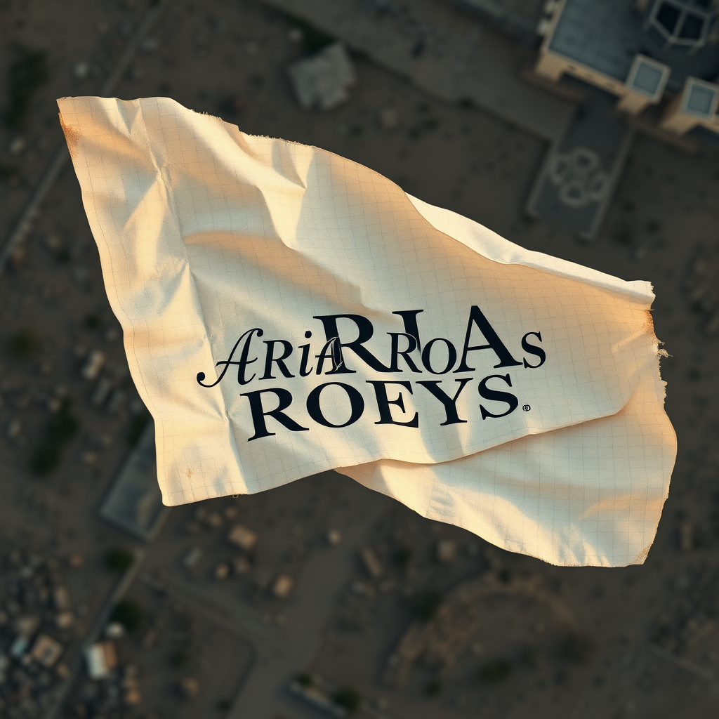 Raw photography 4D, extremely detailed, An oldest piece of napkin sign elegant text labeled "ARIA ROEYS" flaying on the wind. Aerial view image. 