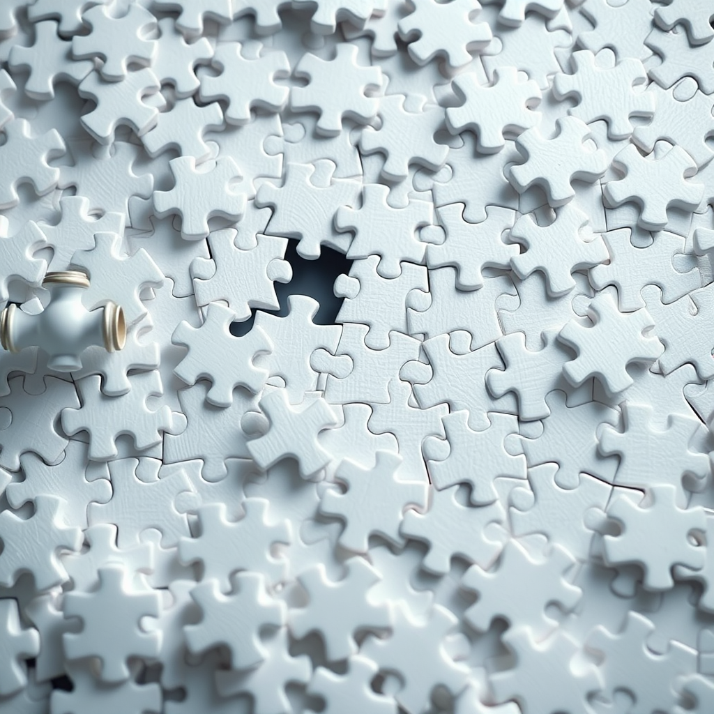 UHD, 4k, ultra detailed, assembling a puzzle of white pieces