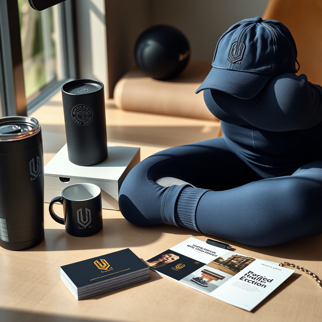 "A visually stunning branding showcase displaying a cohesive personal brand across various promotional and lifestyle products. The setting features a stylish, modern workspace with a sleek, professional aesthetic. The scene includes high-quality branded merchandise: a matte black tumbler with an elegant embossed logo, a ceramic coffee mug with a minimalist yet eye-catching design, and a premium baseball cap featuring a 3D embroidered brand emblem. Additionally, a high-performance women's sportswear set (leggings and a fitted top) showcases the brand subtly but effectively, using premium fabric textures and a sophisticated color scheme. Nearby, a stack of professionally designed business cards with luxurious finishes (gold foil, embossed elements) sits beside a high-end flyer with a bold yet elegant design. The composition is dynamic and engaging, featuring natural lighting, premium textures, and a color palette of deep navy, gold accents, and matte neutrals. The atmosphere conveys exclusivity, creativity, and professionalism, making it perfect for entrepreneurs aiming to elevate their personal brand through high-impact visual marketing. The final image should have ultra-sharp details, photorealistic textures, and a cinematic composition, evoking a sense of prestige and innovation."