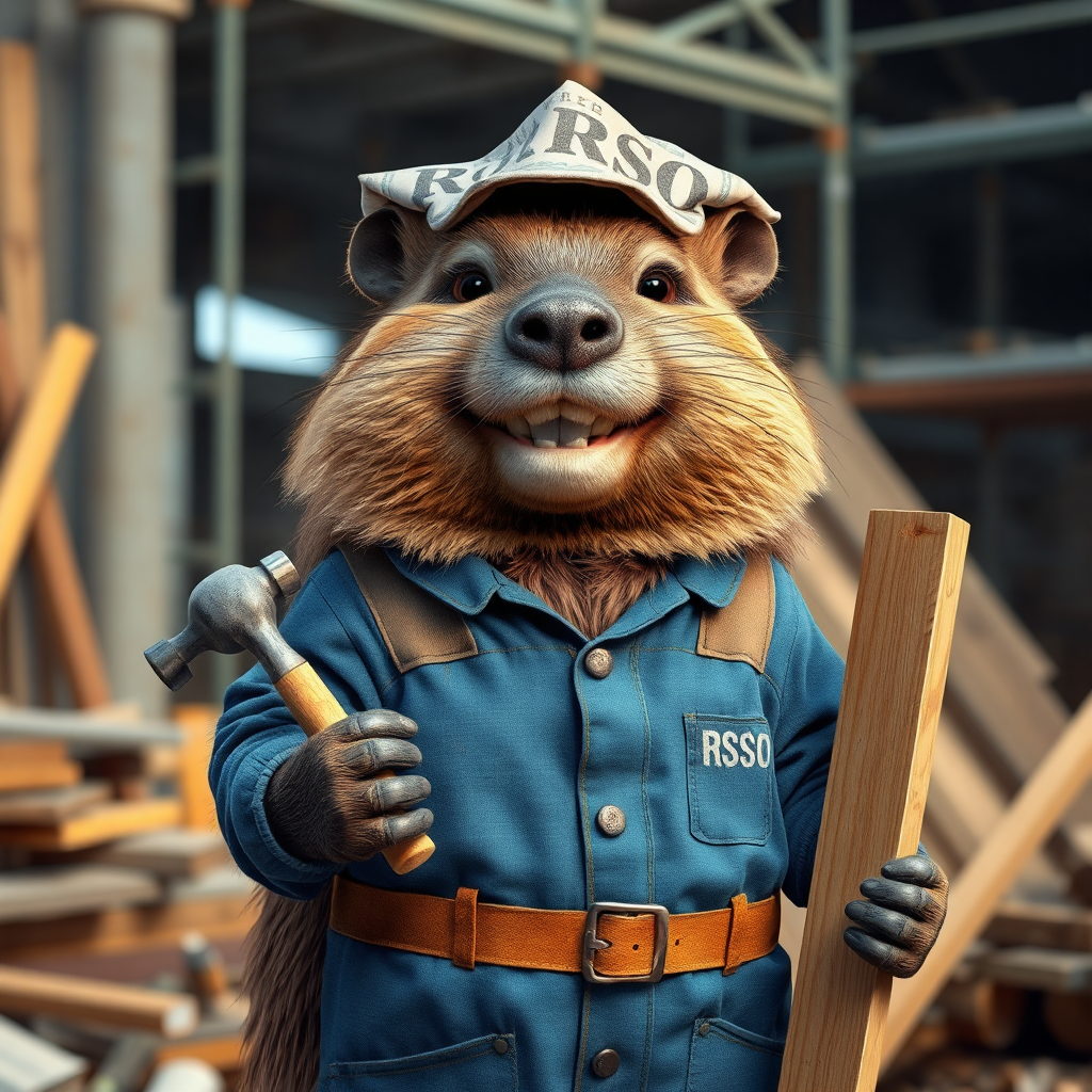 A photorealistic beaver working as a construction worker. The beaver is wearing a blue work uniform with 'RSO' written on the back. On its head is a painter's cap made from folded newspaper. The beaver has a slight smile, showing its large front teeth. It's standing at a construction site, holding a hammer in one paw and a wooden plank in the other. The scene should be detailed, showing the beaver's fur texture, whiskers, and the worn look of its work clothes. The background should include scaffolding, building materials, and other construction elements to emphasize the work environment.