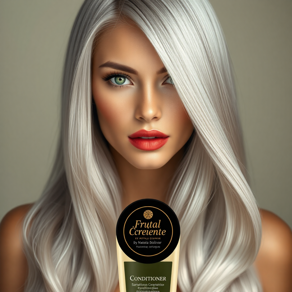 "Hyperrealistic portrait of a beautiful woman with long, silver hair that looks silky and soft. Her striking green eyes convey confidence and elegance, while her full, red lips add a touch of sophistication. The background is minimalist with neutral tones and soft lighting that enhances her radiant hair. At the bottom, a bottle of conditioner with a black round lid with gold details with the letters "Frutal Creciente By Natalia Bolivar" stands out as the main product. The composition is balanced, presenting an elegant and modern design that evokes luxury and exclusivity."