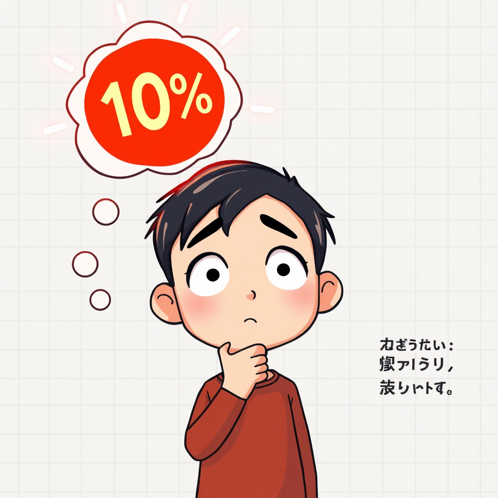 Create a minimalist cartoon scene in the style of Pencilmation with Manhwa-inspired details. The scene features a character thinking deeply, with a brain icon above their head. Inside the brain, a highlighted red circle shows '10%' to symbolize the myth. The character has a confused yet curious expression, with eyes wide open and eyebrows raised, symbolizing their inner questioning. The background is simple, with faint gray grids to evoke a sense of thought or contemplation. Subtle glowing lines emanate from the brain icon, emphasizing the potential of the human mind. A small caption or icon nearby should suggest truth and exploration, debunking the myth. The lighting should be soft, with a cinematic quality, highlighting the character’s expression and the myth-busting theme.