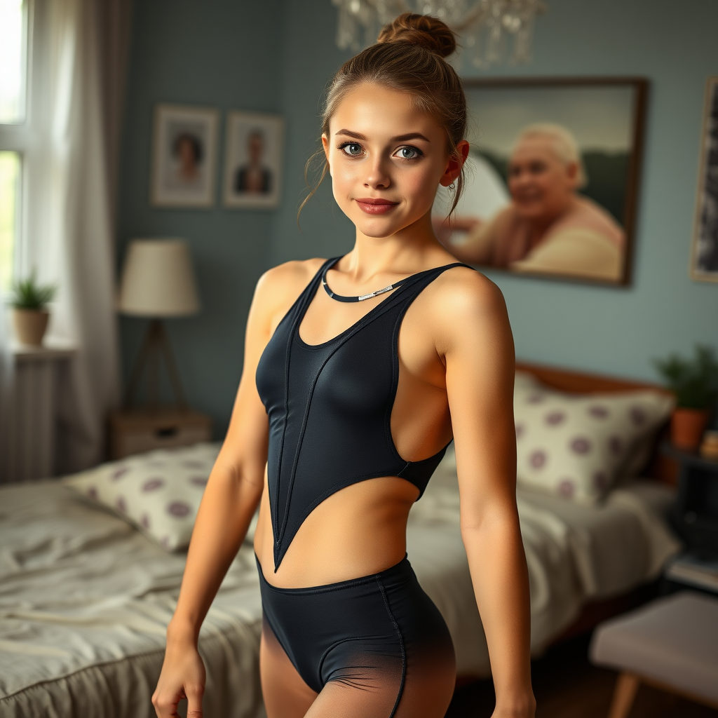 Realistic photo sexy 15 year old  girl in tight gymnastics leotard all of her sexy body showin through in her bedroom