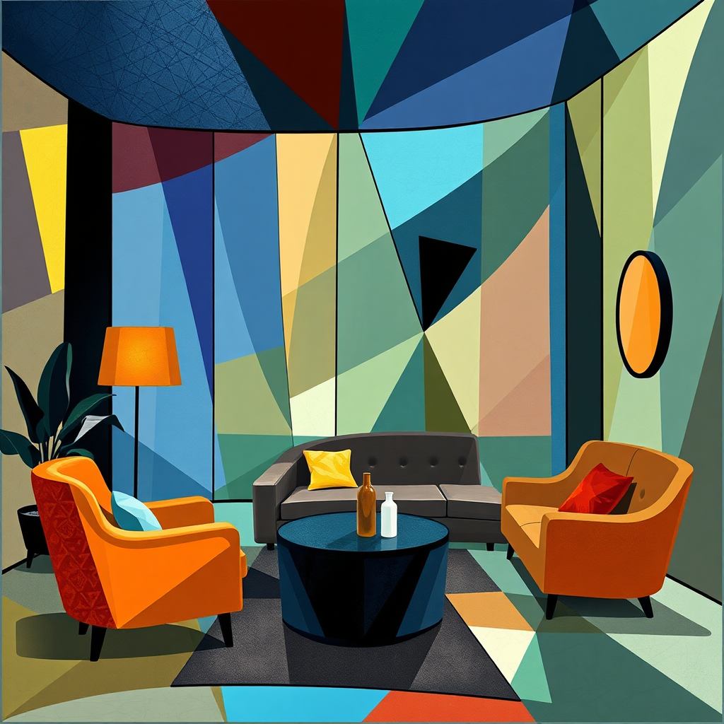 Abstract style art of a geometrical lounge, imaginative, cubism