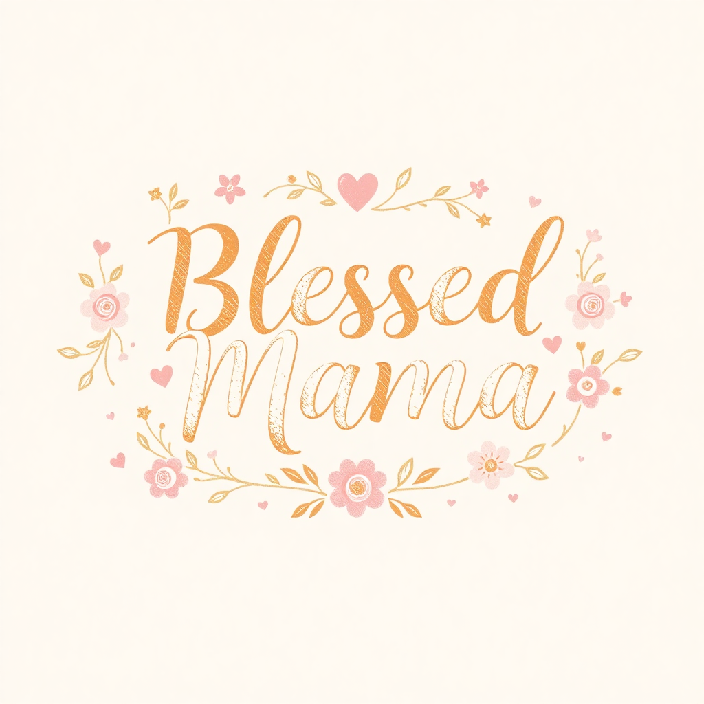 A soft and heartfelt T-shirt design featuring the phrase 'Blessed Mama' in an elegant and playful script font. Surround the text with delicate floral patterns, small heart symbols, and a subtle textured or distressed effect to give a vintage, worn-in look. Use a soft, mom-friendly color palette of pastel pinks, warm beige, and white, with a hint of gold or light gray accents for contrast. The design should evoke warmth, love, and simplicity