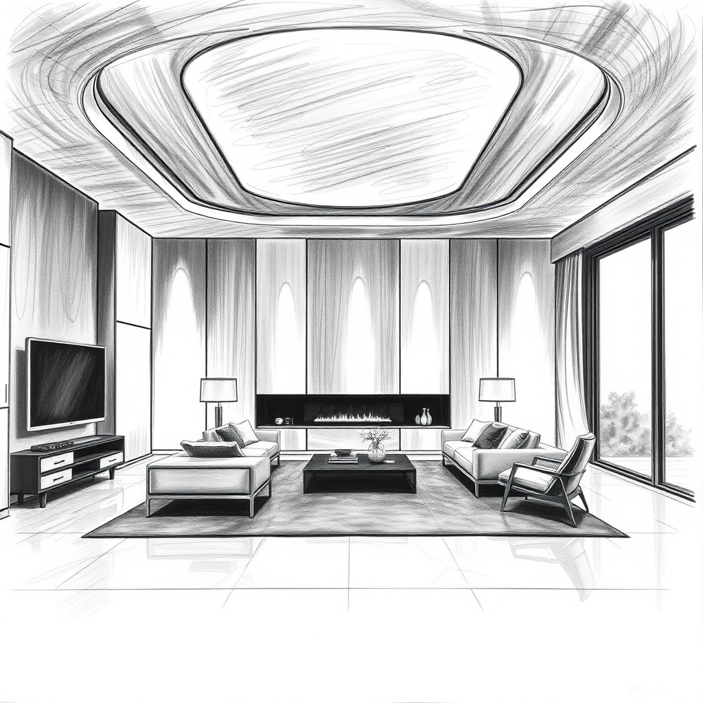 {a interior view of a conceptual futuristic and modern living room},charcoal drawing style,dramatic contrast,expressive strokes,rich textures,dynamic composition,professional-grade finish,classic aesthetic