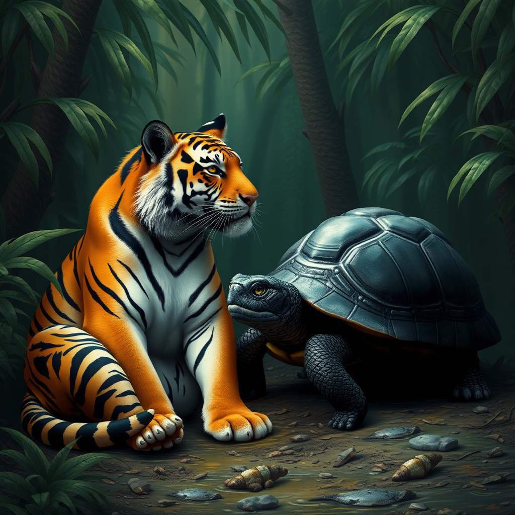 Write two prompts: First, describe (tiger ] and [ turtle] sitting together peacefully in a [Jungle]. Second, create a dark, cinematic super hybrid fusion of both animals in the same location, with a menacing atmosphere roaring and strong body shape