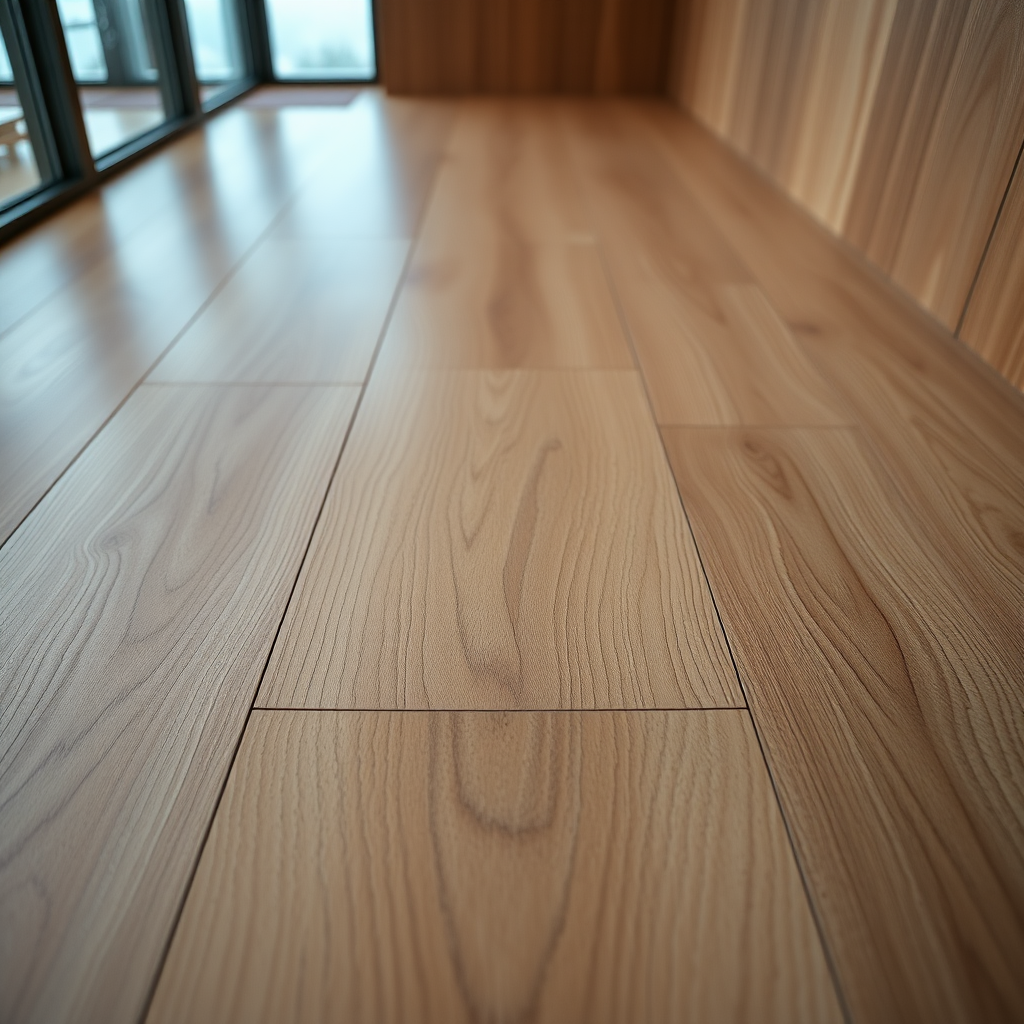 UHD, 4K, {close up of an elegant laminated oak wooden floor, without joints, natural texture, modern, futuristic and minimalist unifamiliar house}, dramatic lighting, high contrast, 35mm, lateral upper perspective view, professional, epic, highly detailed