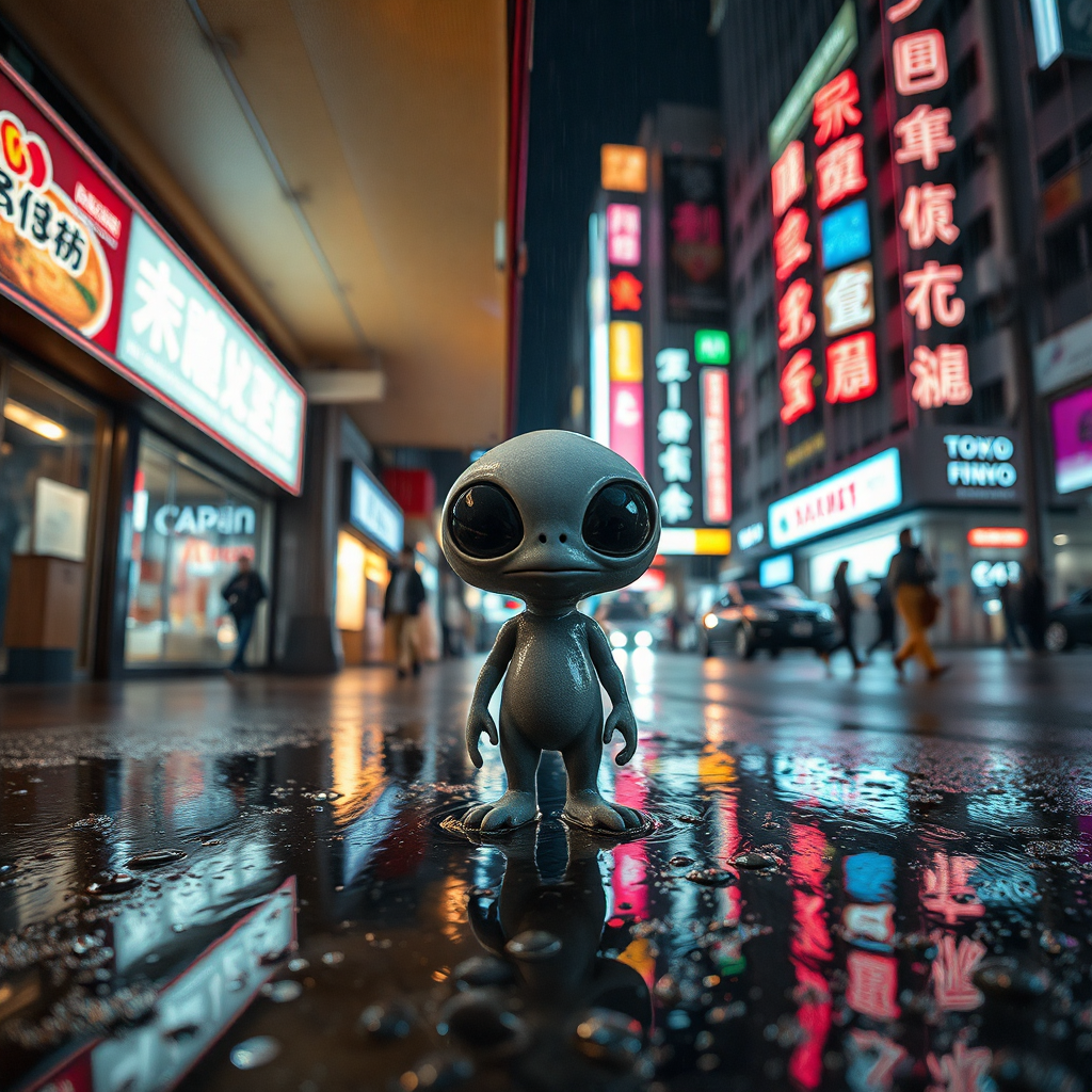 A whimsically adorable grey alien with large, luminous eyes stands curiously under a glowing konbini awning on a rain-soaked Shibuya backstreet, neon kanji reflections rippling in ankle-deep puddles as Leica M10's f/1.4 Noctilux lens captures every droplet suspended in the humid night air, wide-angle distortion emphasizing both the alien's childlike proportions and towering skyscraper backdrop illuminated by pulsating LED billboards advertising ramen and karaoke, the scene rendered with Leica's signature chiaroscuro contrast between inky shadows and vibrant electric blues/pinks of Tokyo's nocturnal palette.CNSTLL, A whimsically adorable grey alien with large, luminous eyes stands curiously under a glowing konbini awning on a rain-soaked Shibuya backstreet, neon kanji reflections rippling in ankle-deep puddles as Leica M10's f/1.4 Noctilux lens captures every droplet suspended in the humid night air, wide-angle distortion emphasizing both the alien's childlike proportions and towering skyscraper backdrop illuminated by pulsating LED billboards advertising ramen and karaoke, the scene rendered with Leica's signature chiaroscuro contrast between inky shadows and vibrant electric blues/pinks of Tokyo's nocturnal palette.CNSTLL, A whimsically adorable grey alien with large, luminous eyes stands curiously under a glowing konbini awning on a rain-soaked Shibuya backstreet, neon kanji reflections rippling in ankle-deep puddles as Leica M10's f/1.4 Noctilux lens captures every droplet suspended in the humid night air, wide-angle distortion emphasizing both the alien's childlike proportions and towering skyscraper backdrop illuminated by pulsating LED billboards advertising ramen and karaoke, the scene rendered with Leica's signature chiaroscuro contrast between inky shadows and vibrant electric blues/pinks of Tokyo's nocturnal palette.