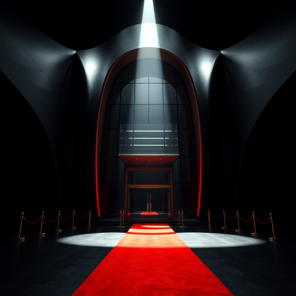 UHD, 4K, {large majestic entrance to a modern and organic futuristic building (Pritzker Prize:1.5), Zaha Hadid, large windows to the floor, (isolated in a large black empty space), beam of light coming through a lateral illuminates the large stately portico, Red carpet flanked with golden cord and pedestals}, dramatic lighting, high contrast, 35mm, lateral upper perspective view, professional, epic, highly detailed