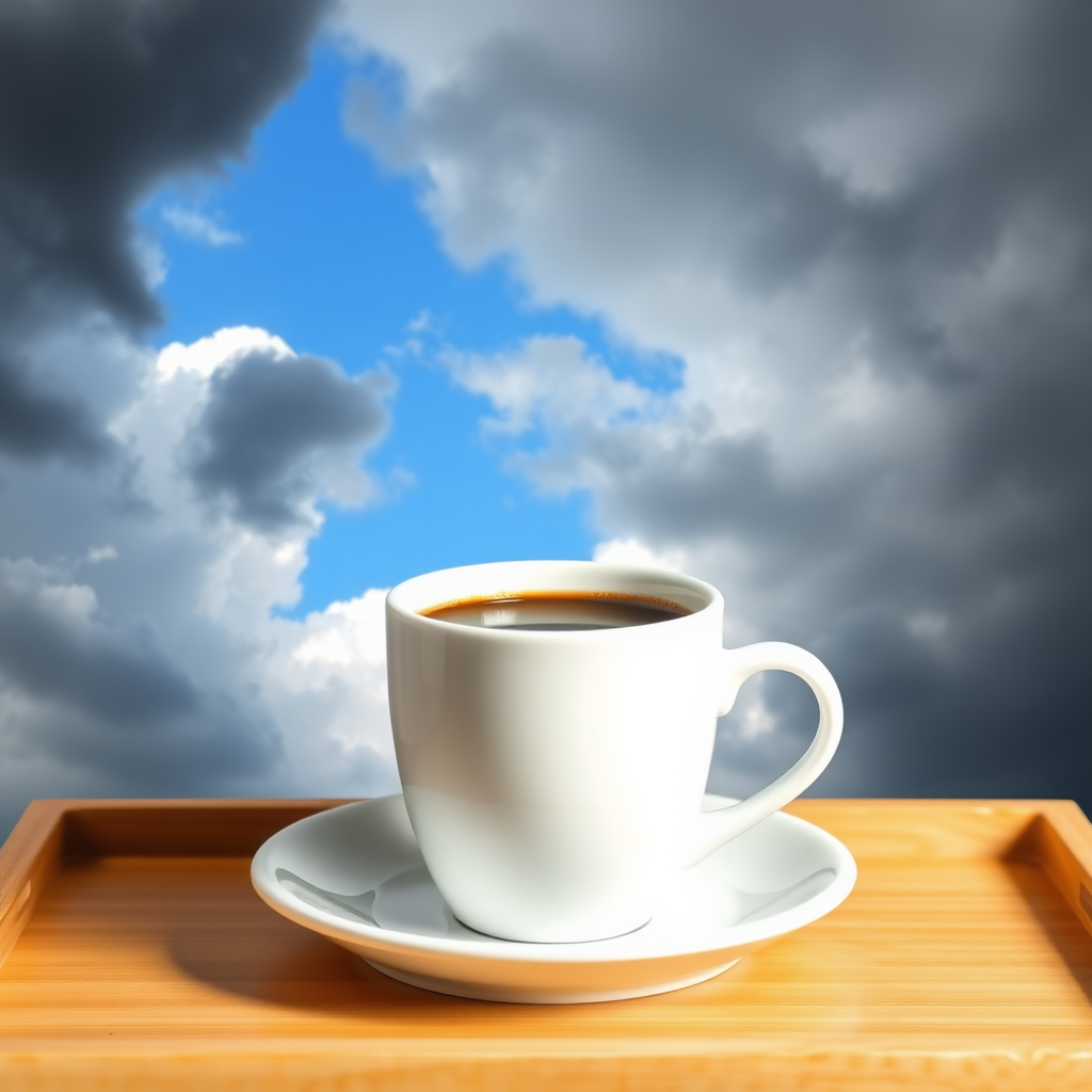 A white coffee cup filled with dark brown coffee sits on a light wooden tray, positioned in the mid-ground of the image.  The cup is centered and slightly angled towards the viewer. The saucer beneath the cup is also white.  The tray is a light, warm brownish-tan wood. A dramatic sky is artfully layered into the background. Dark, gray clouds dominate the top and bottom halves of the image.  A bright blue sky, with a few small, white clouds, is positioned between the dark clouds, creating a contrast emphasized by the location of the cup. The light source for the image appears to come from above and to the upper middle of the image, highlighting the coffee cup and tray. The perspective is slightly tilted down towards the subject in the image. The overall image style is an evocative depiction of a transition in weather.