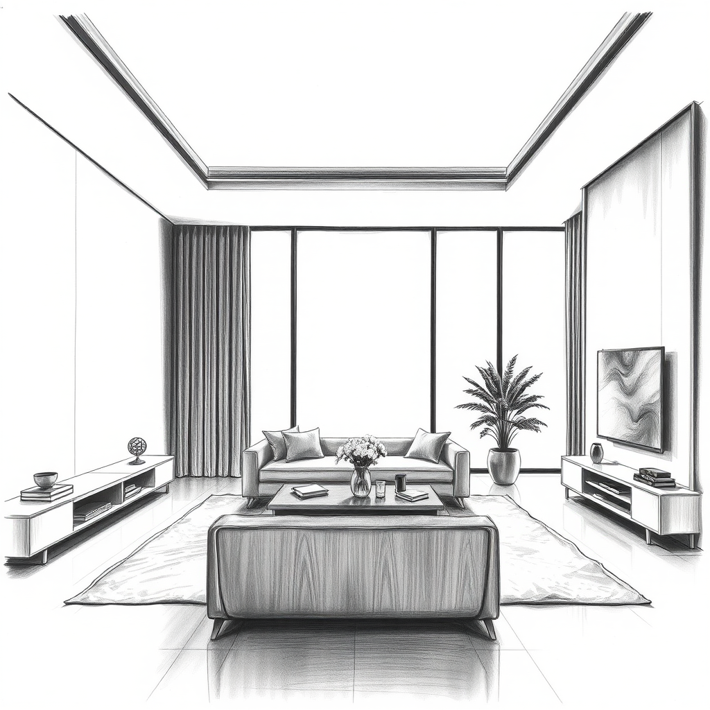 {a interior view of a conceptual futuristic and modern living room, minimalism},charcoal drawing style,dramatic contrast,expressive strokes,rich textures,dynamic composition,professional-grade finish, futuristic aesthetic