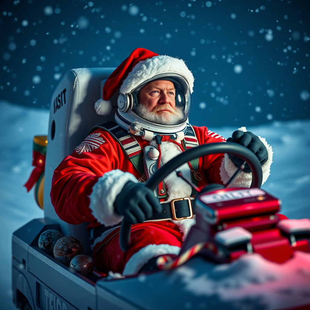 astronaut He dresses up as Santa Claus in the snow and drives a Christmas car