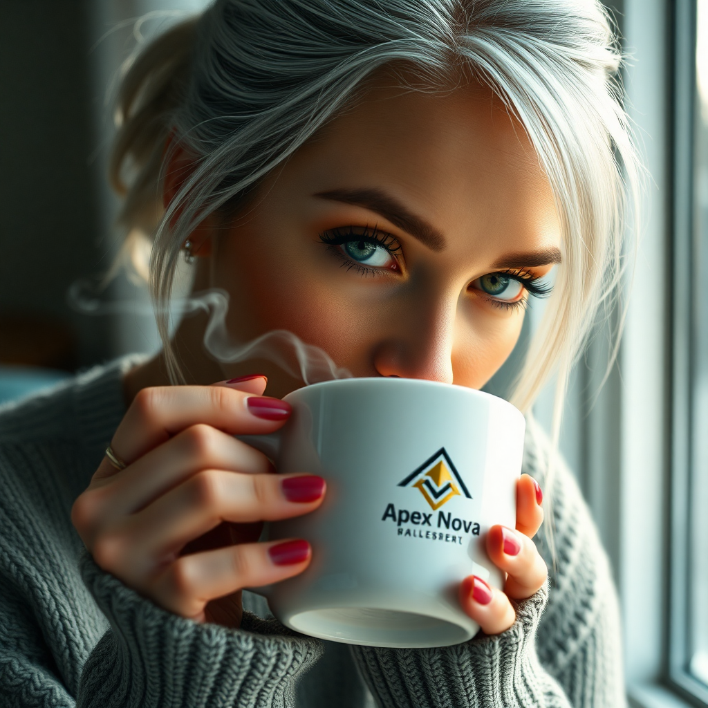 "A beautiful cinematic close-up of a woman with striking silver hair tied back, deep green eyes, and bold red lips drinking from a sleek white ceramic coffee mug with a stylish logo design. The “Apex Nova” branding is subtly incorporated with a gold and black color scheme and smoke is seen rising from the mug simulating the aroma. She is wearing a comfortable yet stylish sweater, sitting by a window with soft natural light, creating a warm and inviting atmosphere. The focus is on the mug and her captivating gaze, making the scene feel aspirational and sophisticated."