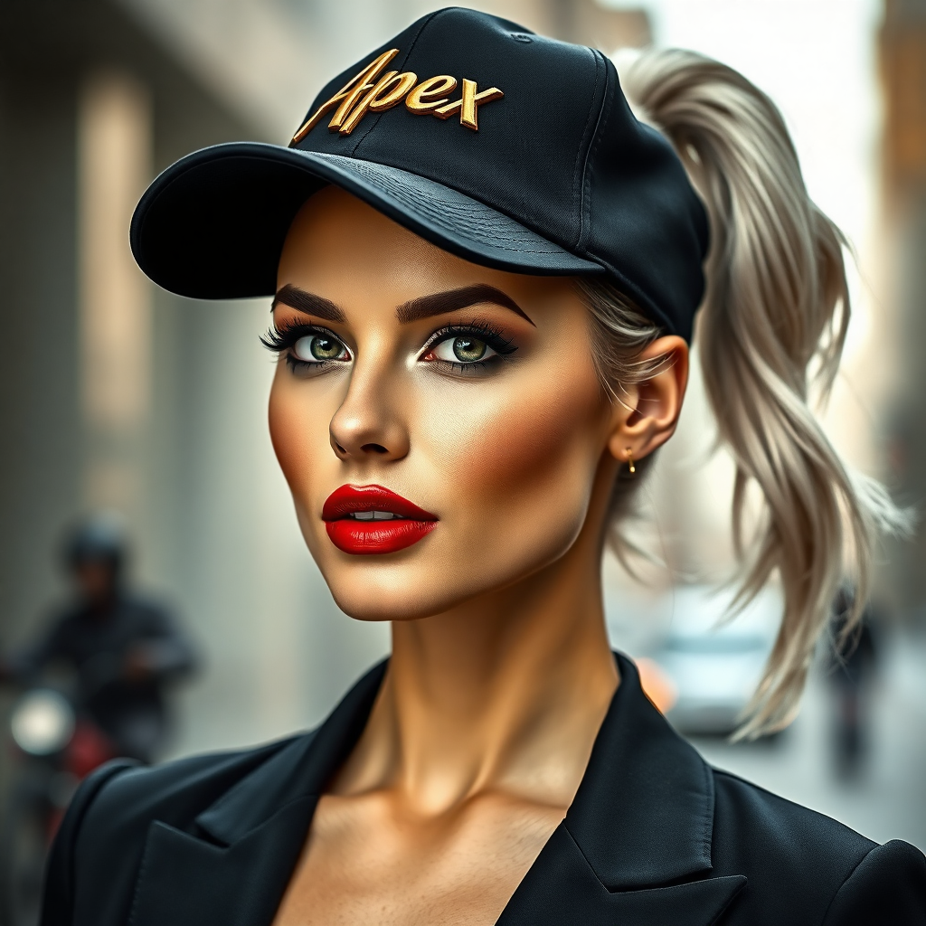 "A modern and stylish promotional portrait showing a confident woman with silver hair pulled back in a high ponytail, mesmerizing green eyes and full red lips, wearing a stylish black cap with a gold 3D embroidered “Apex Nova” logo. The cap fits her perfectly and enhances her elegant and sophisticated look. The background is a blurred urban environment suggesting a lifestyle of success, movement and ambition. The image has a high-fashion yet accessible feel, emphasizing the brand's exclusivity and personal empowerment."