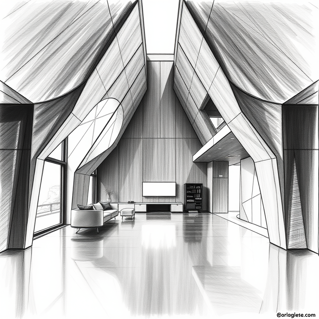 {a interior view of a conceptual, futuristic and modern interior unifamiliar house, architectural space, minimalism},charcoal drawing style,dramatic contrast,expressive strokes,rich textures,dynamic composition,professional-grade finish, futuristic aesthetic